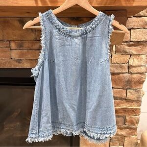For The Republic Light Blue Fringe Denim Tank Top